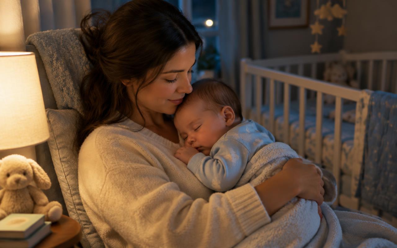 Mama ziba zaspanega dojenčka ob topli večerni lučki